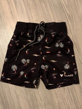VAMOS Black Tropical Palm & Sailboat Kids Swim Shorts